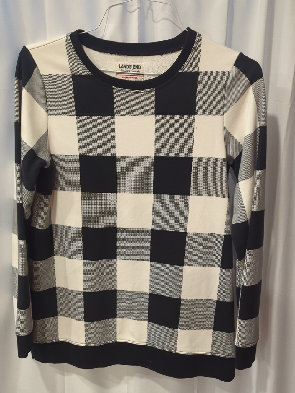 Lands' End Women's Black and White Buffalo Plaid Long Sleeve Shirt Size Small